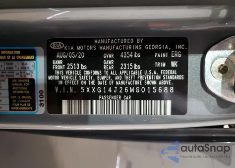 2021 Kia K5 Lxs from USA, damaged, VIN 5XXG14J26MG015688